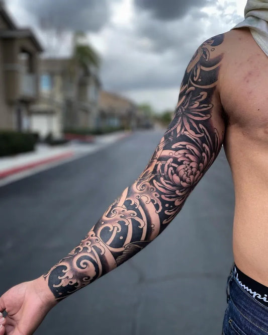 Big Blackwork Peony and Filigree on Men Arm Sleeve Tattoo by @maneentattoo