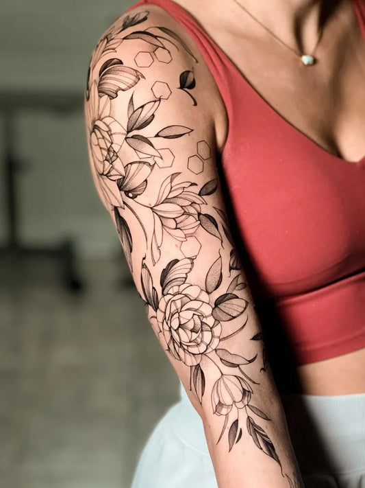 Big Blackwork Peony and Leaves on Women Arm Flower Tattoo by @david.orozco23