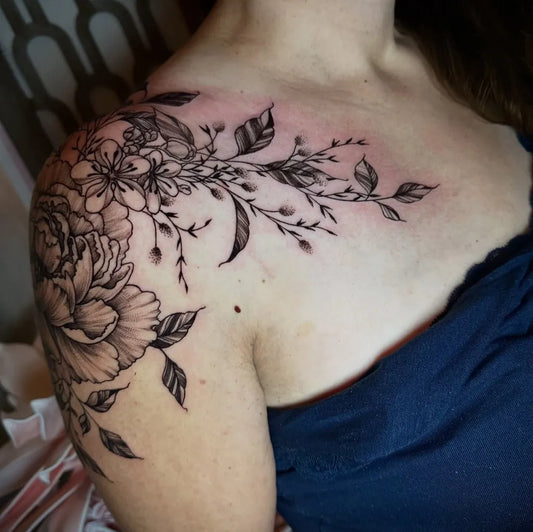 Big Blackwork Peony and Leaves on Women Shoulder Flower Tattoo by @estelle_numtattoo