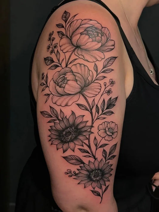 Big Blackwork Peony and Sunflower Cluster on Women Arm Flower Tattoo by @beyzatattooer