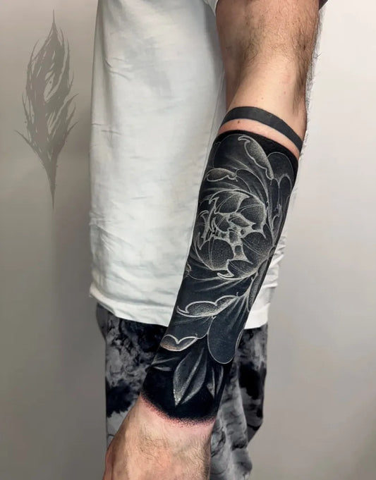 Big Blackwork Peony on Men Arm Tattoo by @charliegatestattoo