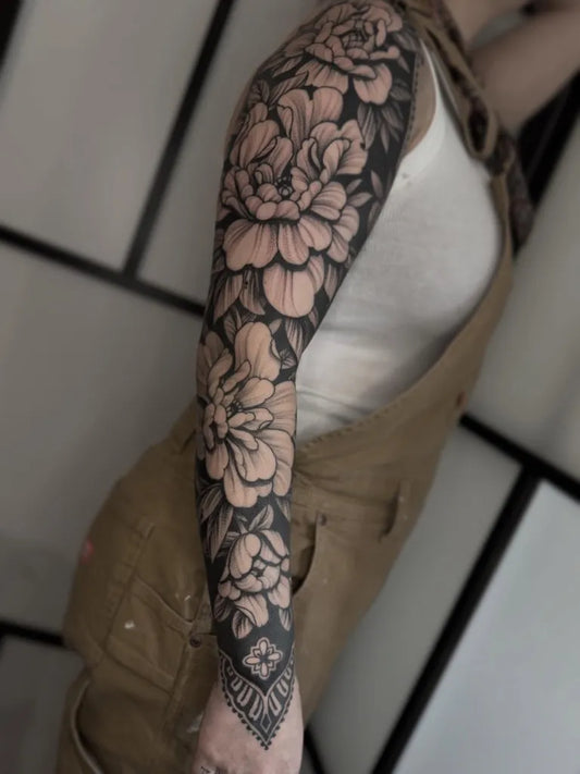 Big Blackwork Peony on Women Arm Sleeve Tattoo by @stipplewhipper