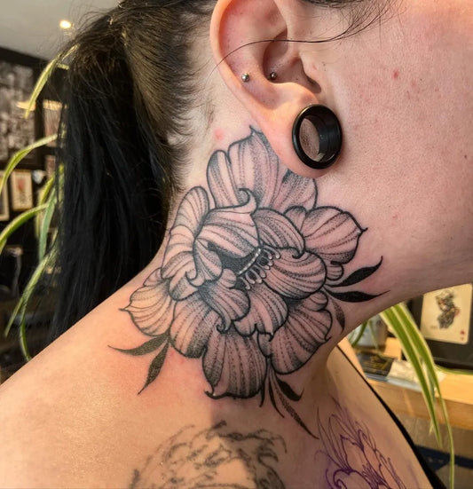Big Blackwork Peony on Women Neck Tattoo by @daisywadetattoo