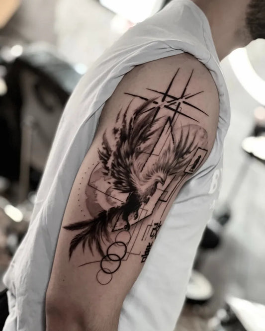 Big Blackwork Phoenix Geometric on Men Arm Tattoo by @unclechronistattoo