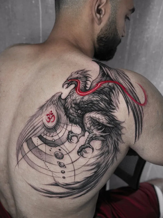 Big Blackwork Phoenix Om Symbol on Men Back Tattoo by @park_tattooer