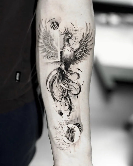 Big Blackwork Phoenix and Celestial Motifs on Men Arm Tattoo by @mafis_tats