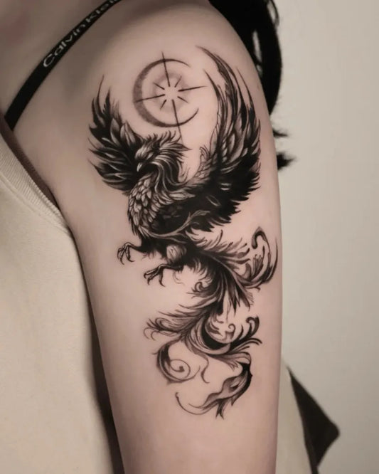 Big Blackwork Phoenix and Crescent Moon on Women Shoulder Tattoo by @goho_gallery