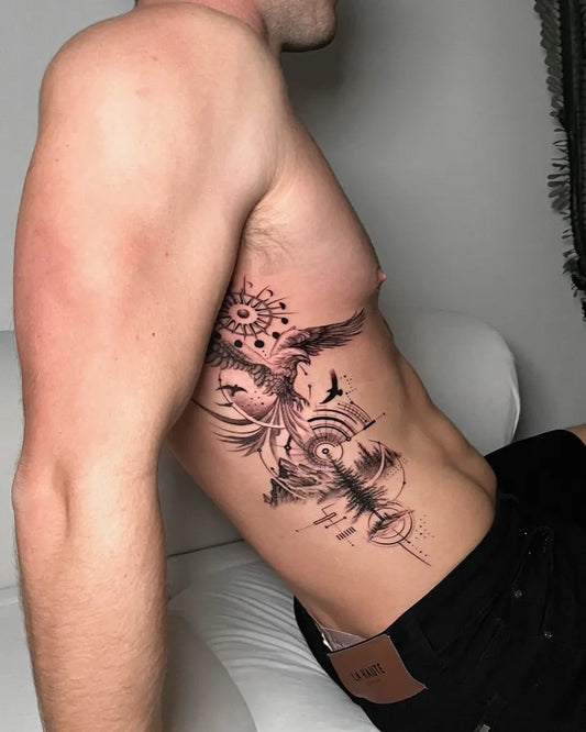 Big Blackwork Phoenix and Mandala on Men Torso Tattoo by @deos__tt