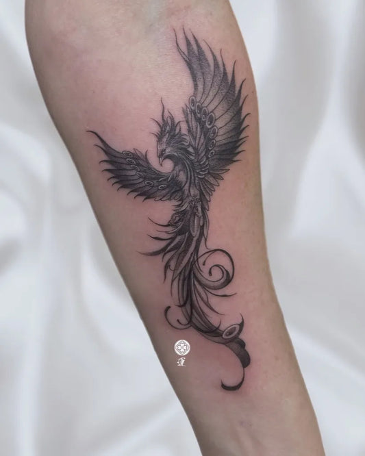 Big Blackwork Phoenix on Men Arm Tattoo by @luckytattooer_ink