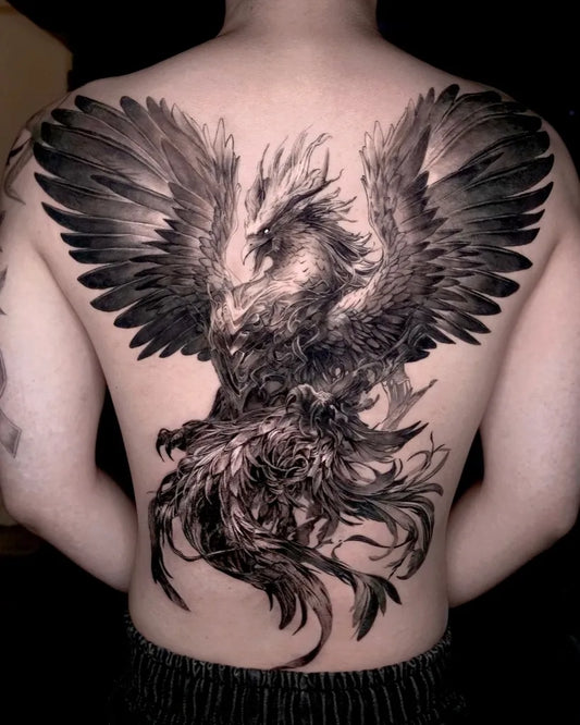 Big Blackwork Phoenix on Men Back Tattoo by @mabi_tattooer