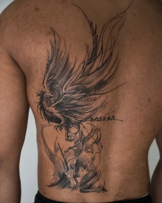Big Blackwork Phoenix on Men Back Tattoo by @maru.tattooist