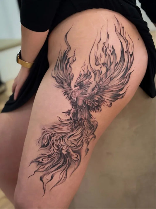 Big Blackwork Phoenix on Women Thigh Tattoo by @lin_tattooer