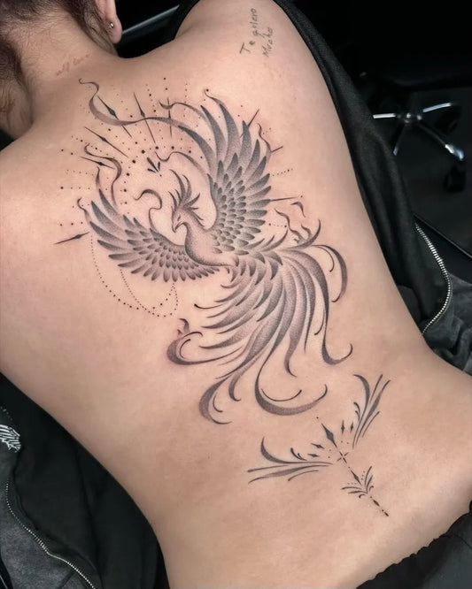 Big Blackwork Phoenix with Geometric Elements on Women Back Tattoo by @ashinkks