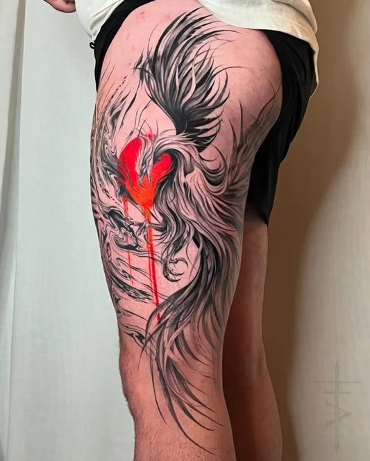 Big Blackwork Phoenix with Heart on Men Thigh Tattoo by @sevensaintstattoo