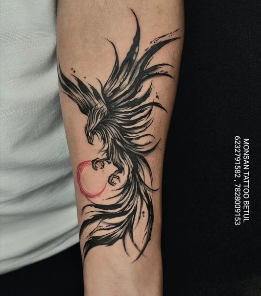 Big Blackwork Phoenix with Red Sun on Men Arm Tattoo by @monsan_tattoo_betul