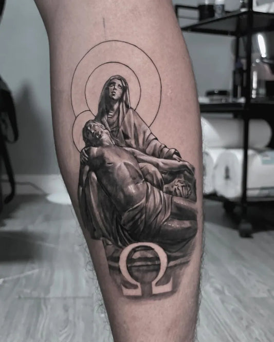 Big Blackwork Pieta on Men Leg Religious Tattoo by @ar._tistvrgl