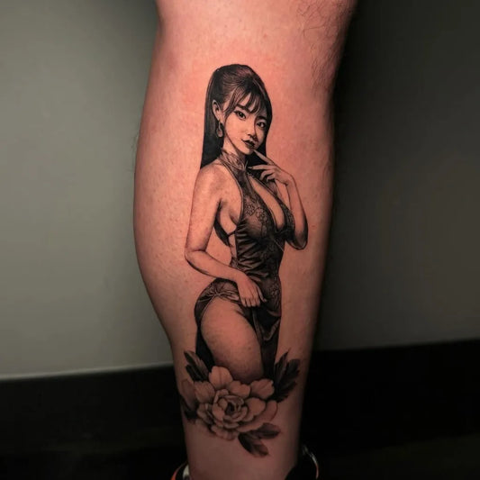 Big Blackwork Pin Up Girl with Flowers Tattoo on Women Thigh by @tanyadamn