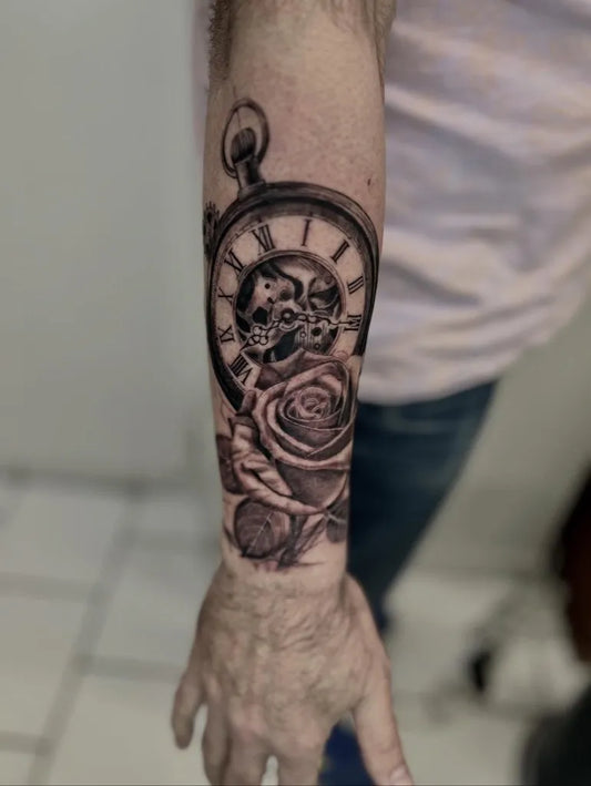 Big Blackwork Pocket Watch Rose on Men Forearm Tattoo by @phunky_buddah
