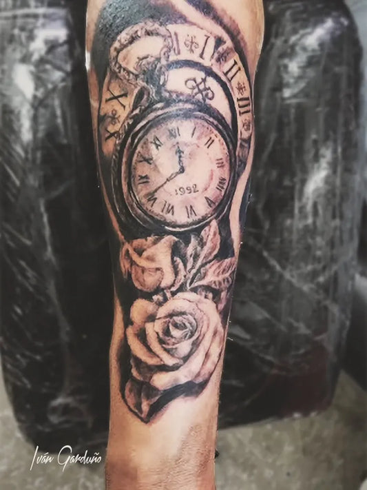 Big Blackwork Pocket Watch and Roses on Men Arm Tattoo by @ivgatattoo