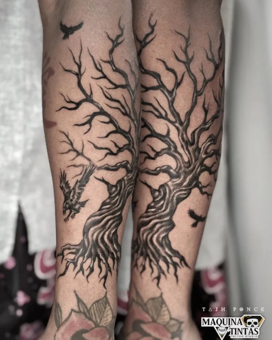 Big Blackwork Poison Tree with Crows on Women Legs Tattoo by @tajhponce