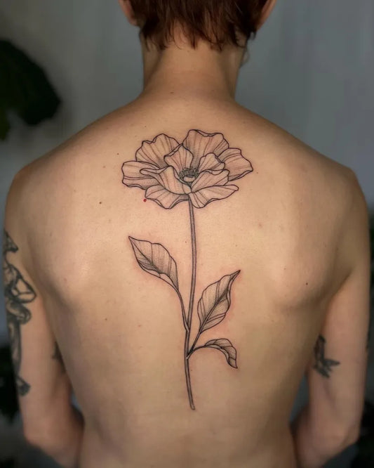 Big Blackwork Poppy and Stem on Men Spine Tattoo by @noelle_adrienne
