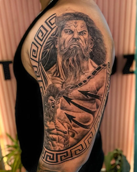 Big Blackwork Poseidon chained with lion on Men Arm Tattoo by @delhi_ink_tattooz