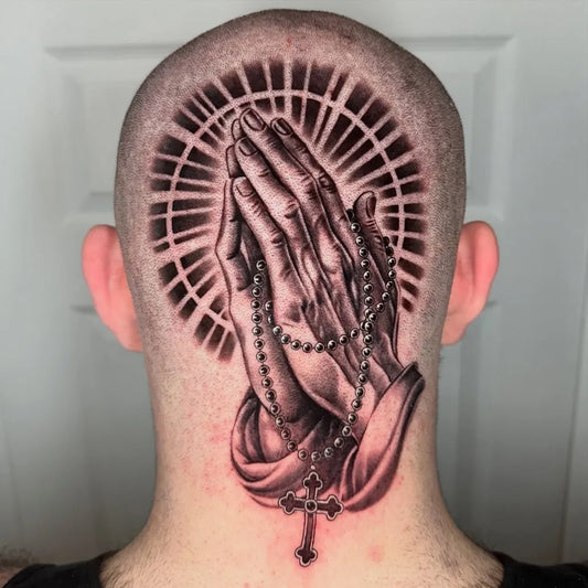 Big Blackwork Praying Hands Rosary Cross on Men Neck Religious Tattoo by @tomsmithtattoo