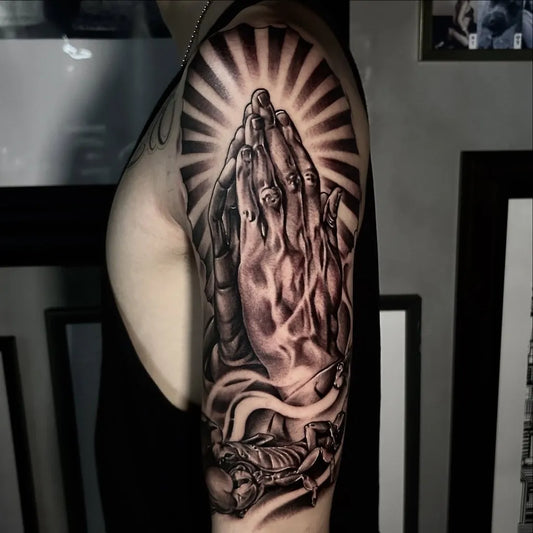 Big Blackwork Praying Hands Skeleton Tattoo on Women Shoulder by @bigsammytattoo
