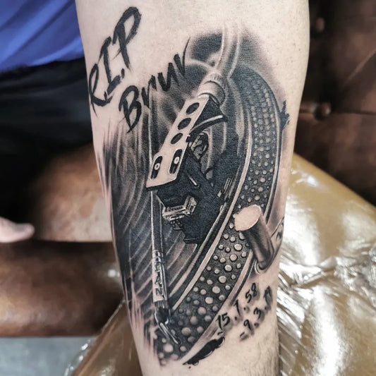 Big Blackwork RIP Turntable on Men Arm Tattoo by @buddytattoos