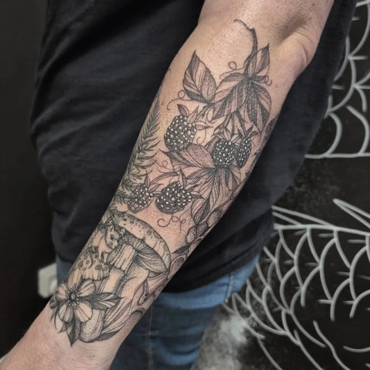 Big Blackwork Raspberries Mushroom Leaves Tattoo on Men Arm by @lilybirch.tattoos