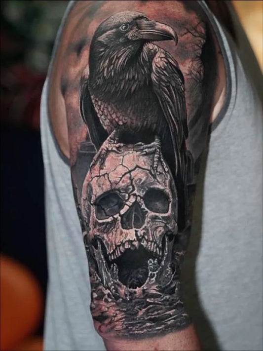 Big Blackwork Raven Skull on Men Arm Tattoo by @luna.tattoo.art