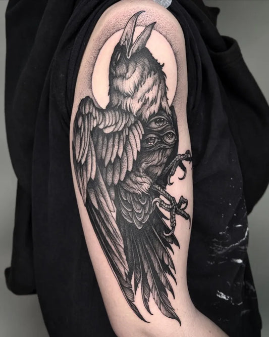 Big Blackwork Raven and Moon on Men Arm Tattoo by @kras_tattoo