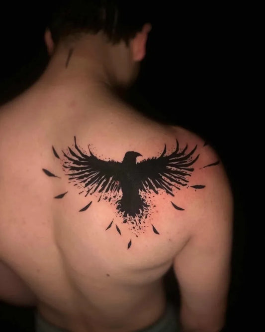 Big Blackwork Raven on Men Back Tattoo by @alohasaltlake