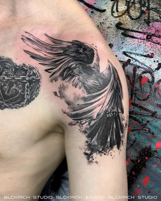Big Blackwork Raven on Men Shoulder Tattoo by @blckpich_studio
