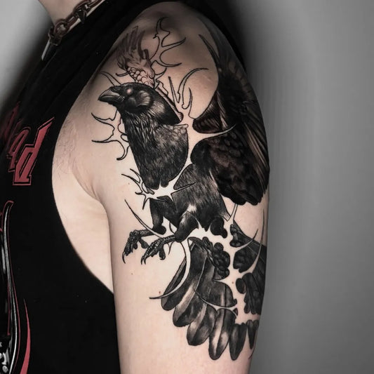 Big Blackwork Raven with Antlers on Men Arm Tattoo by @medxtattoo