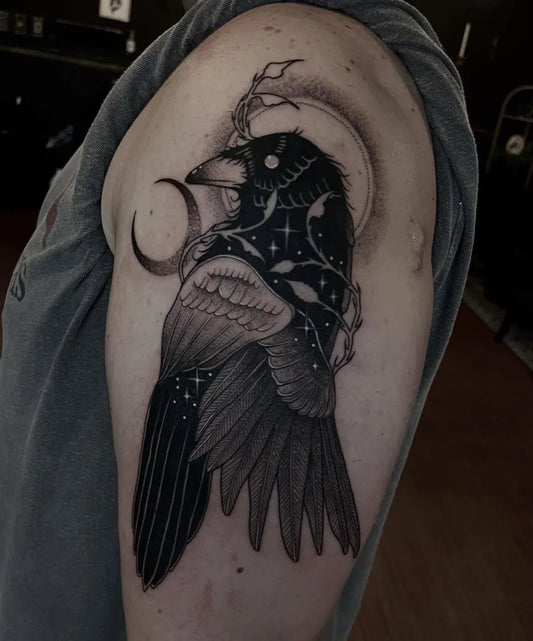Big Blackwork Raven with Crescent Moon and Stars on Men Arm Tattoo by @blvckmoon_tattoo