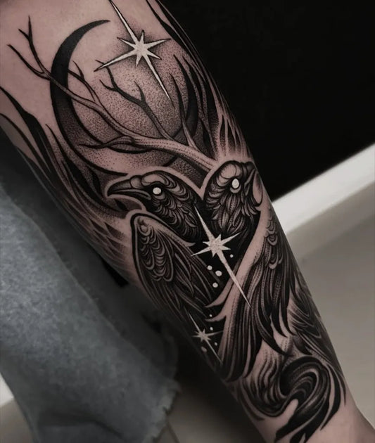Big Blackwork Ravens Moon and Stars Tattoo on Women Arm by @leitetattoo