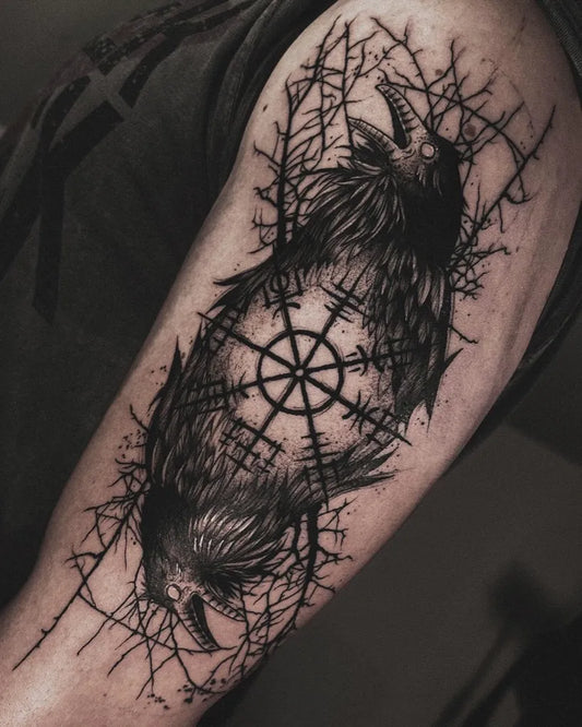 Big Blackwork Ravens Vegvisir Tattoo on Men Arm by @voidhex.ritual