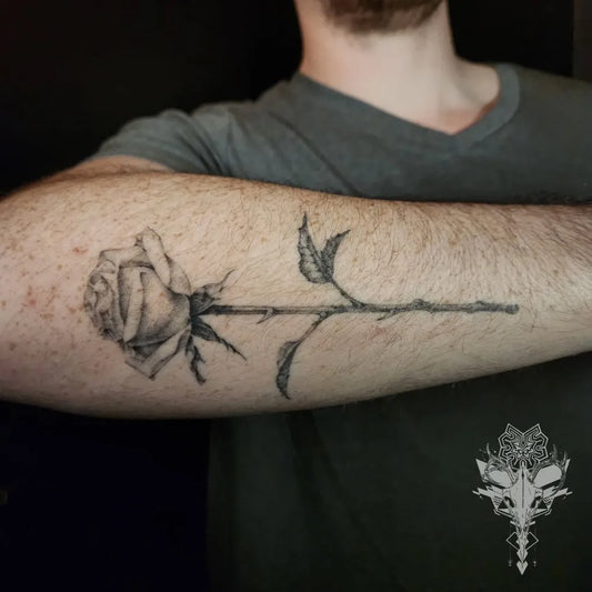 Big Blackwork Rose Stem on Men Forearm Tattoo by @schukayartistry