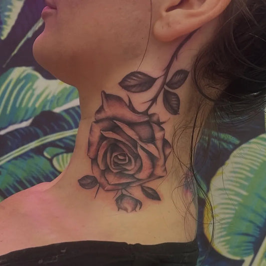Big Blackwork Rose Vine on Women Neck Tattoo by @barbiesmithtattoos