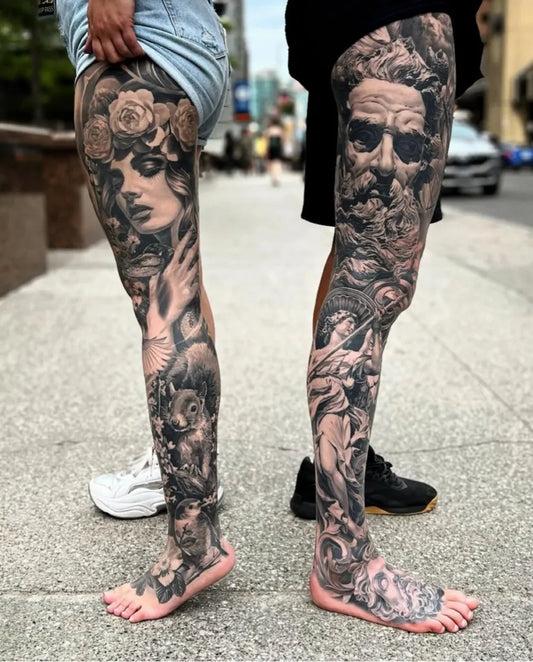 Big Blackwork Rose Woman and Zeus Man on Leg Tattoo by @lamanigancetattootoronto