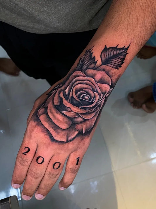 Big Blackwork Rose and 2001 on Men Forearm Tattoo by @priyanka_tattoo_07