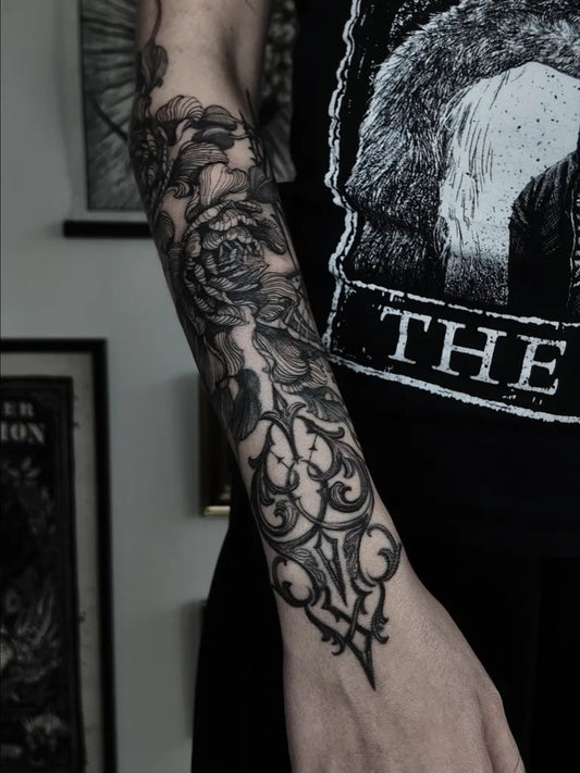 Big Blackwork Rose and Lace on Women Forearm Tattoo by @lydiasharonhughes