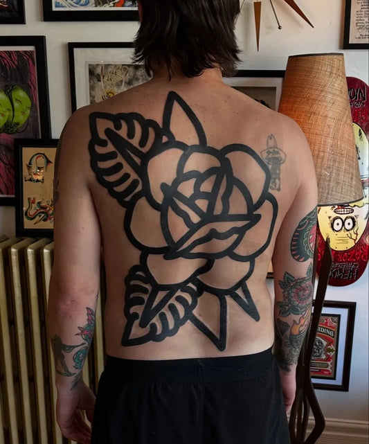 Big Blackwork Rose and Leaves on Men Back Tattoo by @jitanforcier