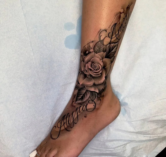 Big Blackwork Rose and Name on Women Leg Tattoo by @therhino85_tattoos