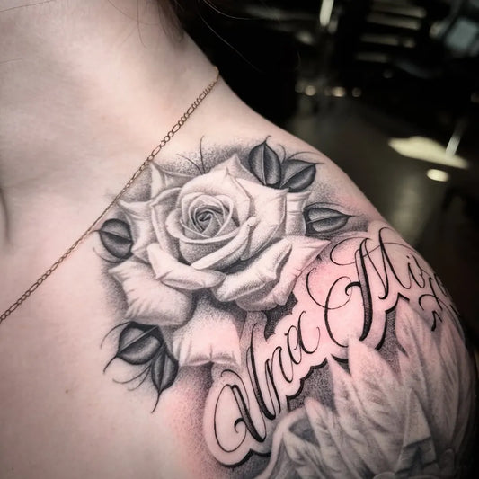 Big Blackwork Rose and Name on Women Shoulder Tattoo by @sm1_graffiti