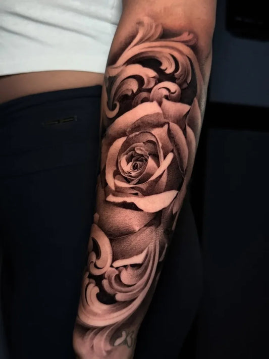 Big Blackwork Rose and Ornamentation on Women Arm Tattoo by @reyr1tattoo
