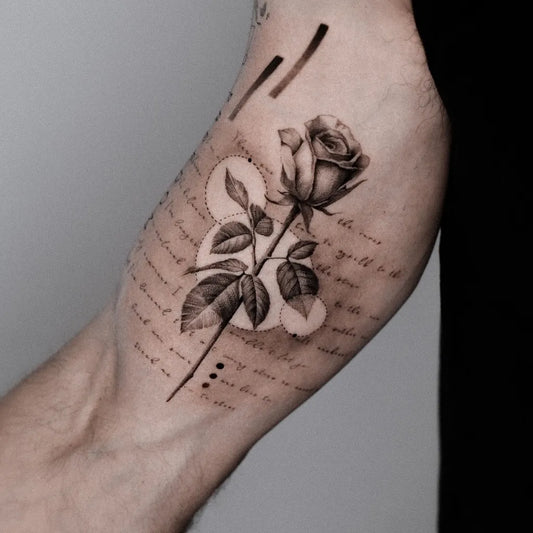Big Blackwork Rose and Script on Men Arm Tattoo by @matanlalo_tattoo