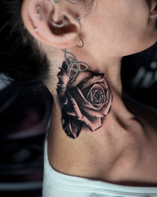 Big Blackwork Rose on Women Neck Tattoo by @alartink