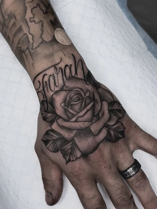 Big Blackwork RoseName on Men Hand Tattoo by @kellrosetattoo